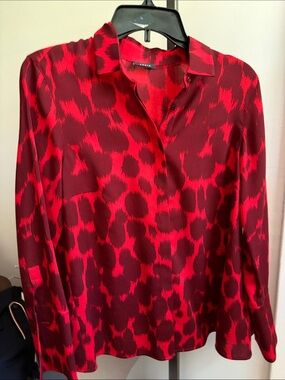Akris Red and Burgundy Wool Print Button-Down Blouse